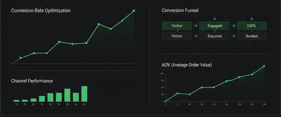 Conversion rate optimization dashboard showing website analytics, growth metrics, and conversion funnel for service businesses